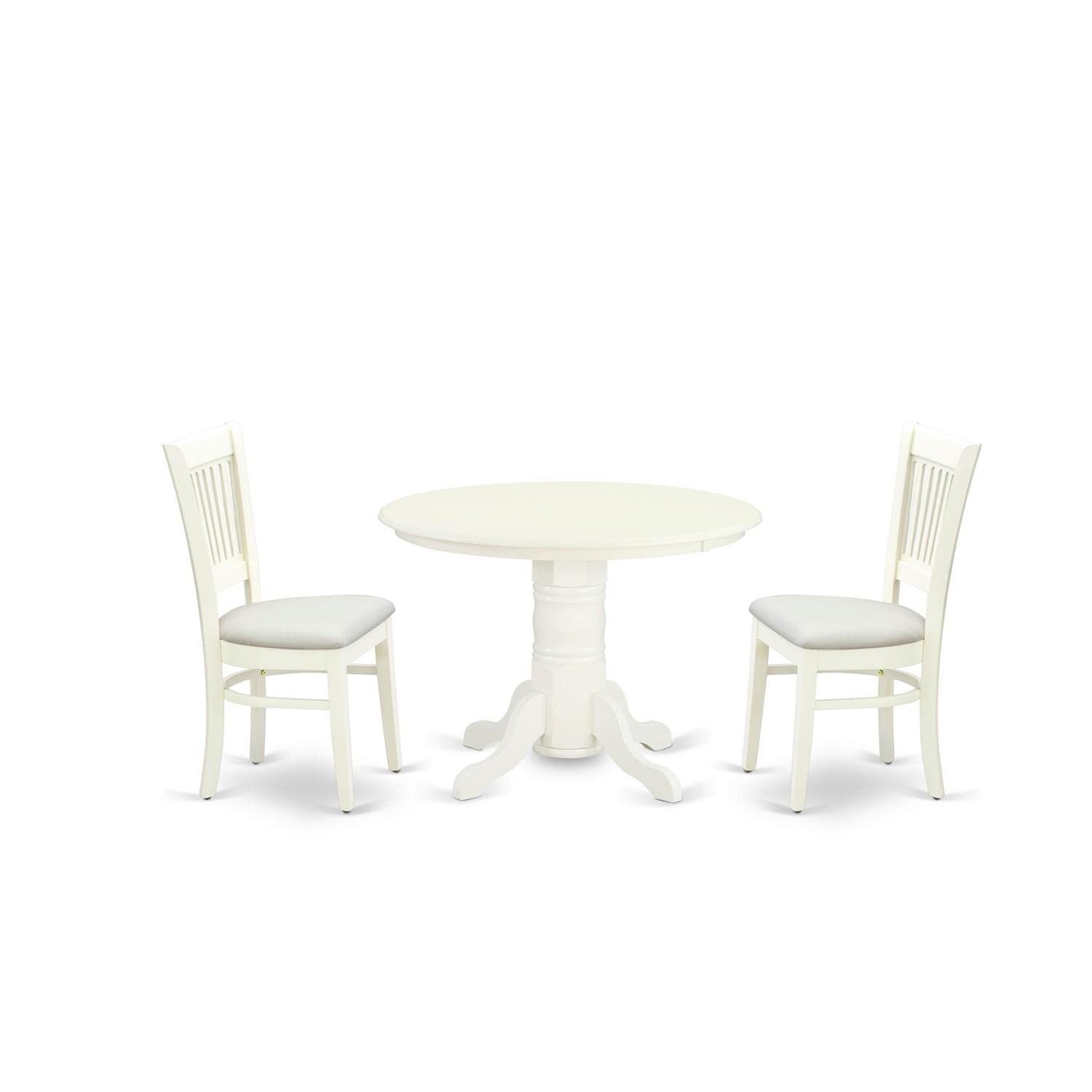 East West Furniture Shva3-Lwh-C 3 Piece Dining Room Table Set Contains A Round Kitchen Table With Pedestal And 2 Linen Fabric Upholstered Dining Chairs, 42X42 Inch, Linen White